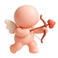 A 3D render of a cute pink cupid character holding a bow and arrow with a heart shaped arrow head. The cupid has small white wings and is aiming the arrow forward against a transparent background.