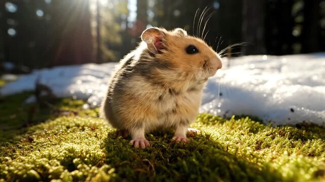 European Hamster in a Forest During Winter Season Under the Warm Sunlight on Green Moss With a Snow Covered Ground in Background Close Up Low Angle Animal Theme Stock Video