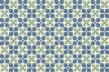 Blue and Green Floral Tile Pattern With Repeating Azulejo Style Ceramic Tiles