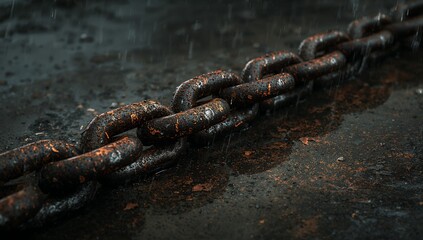 A close up view of a heavily rusted metal chain on dark surface