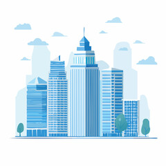 Fototapeta premium Modern city skyline with skyscrapers and clouds in blue color palette