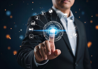 Businessman interacting with futuristic digital network interface and technology icons