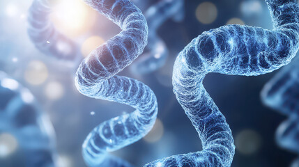 Vibrant cellular biology scene showcasing glowing DNA strands with intricate details and soft bokeh background, evoking