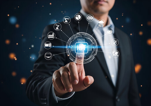 Businessman interacting with futuristic digital network interface and technology icons