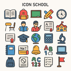 A comprehensive set of colorful school and education-themed icons, featuring various learning tools, classroom objects, and academic symbols.