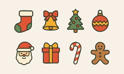 A collection of Christmas-themed icons, including a stocking, bell, tree, ornament, Santa.