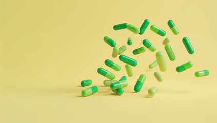Floating green capsules against a soft yellow background health and medicine