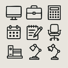 Office icons: computer, briefcase, calculator, calendar, notepad, chair, bookshelf, and desk lamps.