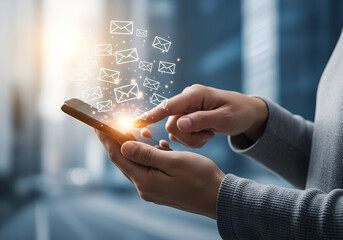 Person using smartphone with email notification icons floating above screen in city setting