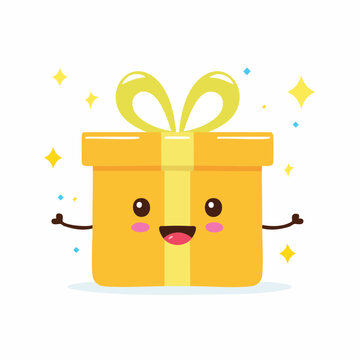 Cute yellow gift box with ribbon and happy face surrounded by sparkles. Perfect for Christmas or birthday themes.