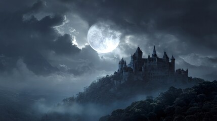 Fototapeta premium Horror Fantasy Setting with Isolated Castle and Apocalyptic Moonlight 