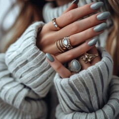 Close-up of a woman's hands, with many different rings on her fingers. His hands are wrapped in a warm gray sweater.