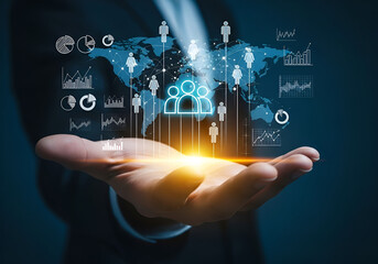 Futuristic digital interface with global connectivity and data analytics in hand palm