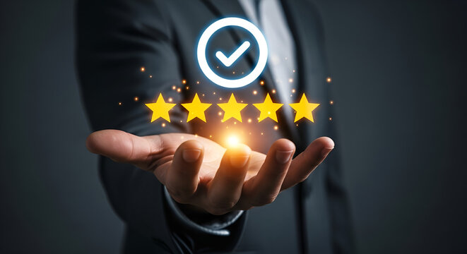 Business success concept with hand holding five stars and checkmark hologram
