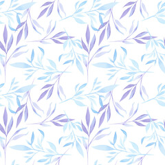 Seamless pattern of blue plant branches. Simple pattern. Flowers. Watercolor.