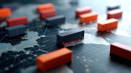 A network of interconnected shipping containers and cargo ships on a world map, illustrating global supply chains.
