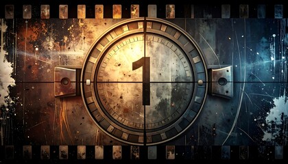 Abstract digital illustration of a film reel countdown clock with a rusted metal finish