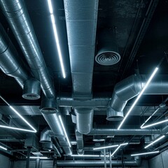 subway station at night, Commercial building interior complex HVAC ductwork, piping systems. Metal conduits, ventilation systems visible overhead, integrated with lighting. Infrastructure for air cond
