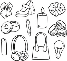 Hand drawn everyday items vector illustration in simple outline style