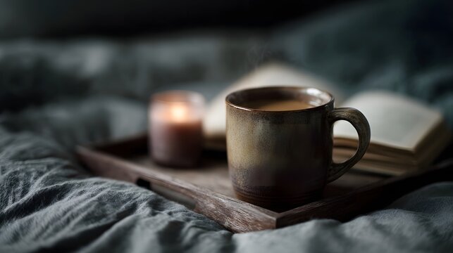 A cozy scene with a steaming coffee mug open book and lit candle on a bed tray bathed in soft morning light