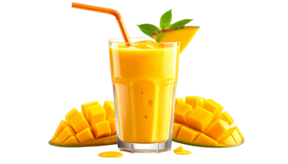 a glass filed with mango jiuce isolated on white background, PNG.