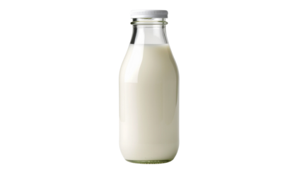 Milk in a clear glass bottle with cap, isolated on white background, PNG