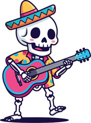 Cartoon skeleton playing guitar wearing sombrero and hawaiian shirt illustration for day of the dead celebration