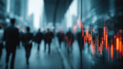 Abstract financial growth chart on glass wall with blurred city pedestrians walking in background