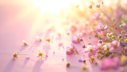 A serene arrangement of delicate wildflowers scattered on a soft surface, illuminated by warm sunlight