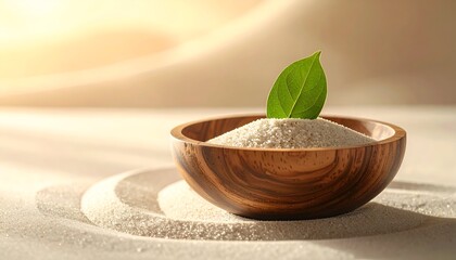 A wooden bowl filled with fine sand and a green leaf, set against a soft, sandy background with warm light