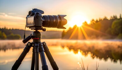 Camera on tripod capturing a stunning sunrise over a serene lake surrounded by lush trees