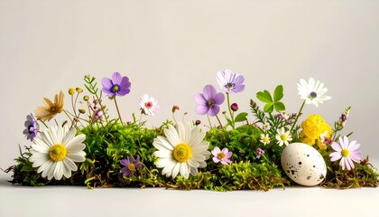 A vibrant arrangement of colorful wildflowers and a speckled egg on lush green moss, symbolizing spring