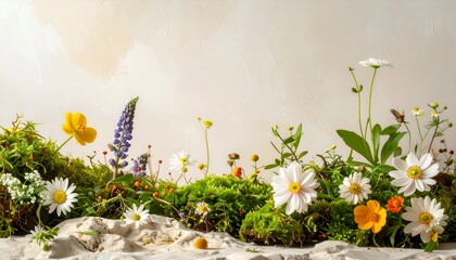 Vibrant display of wildflowers and greenery against a soft, neutral background, evoking serenity