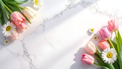 A vibrant arrangement of pink and white tulips alongside daisies on a marble surface, softly lit