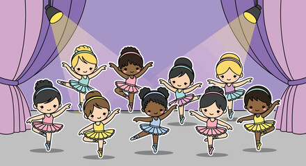 Diverse group of young ballerinas performing on stage under spotlights, showcasing grace and teamwork in a vibrant and joyful performance.