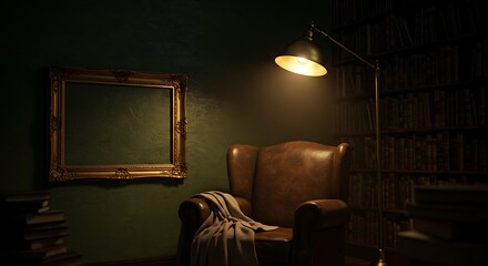 Cozy reading nook featuring a leather armchair with a blanket, illuminated by a floor lamp, with books and a picture frame in a dimly lit room.