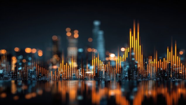 Vibrant Cityscape at Night with Abstract Sound Waves and Glowing Orange Bars Reflecting Light - Powered by Adobe