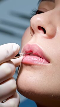 Close Up of Woman's Lips Receiving Dermal Filler Injection from Professional with Gloved Hands in Clinic under Bright Studio Lighting for Beauty and Skincare Treatment Ads and Promotion 199 Char