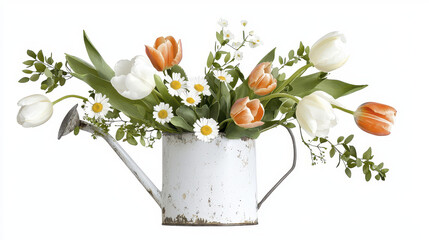 Beautiful arrangement of tulips and daisies in rustic watering can, evoking cheerful and fresh atmosphere