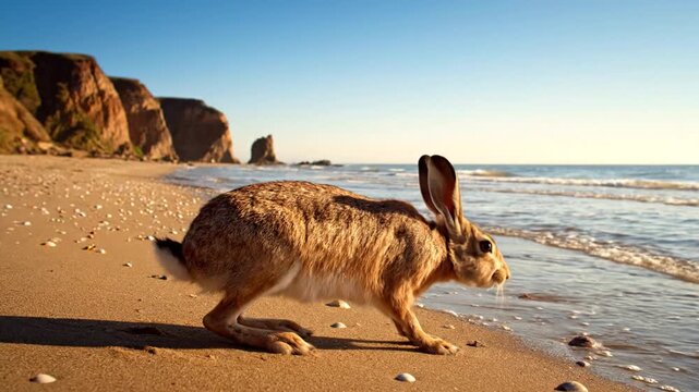 Hare Leaping on Sandy Beach under Clear Blue Sky with Coastal Cliffs and Gentle Waves in Sunlight Action and Wildlife Observation on Beach Environment Footage