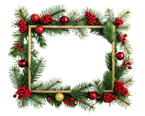 Festive Christmas wreath frame with pine branches and red baubles
