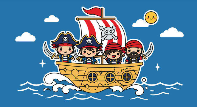 Cute pirates sailing on a wooden ship across the blue sea with white clouds and a smiling sun, creating a whimsical and adventurous scene.