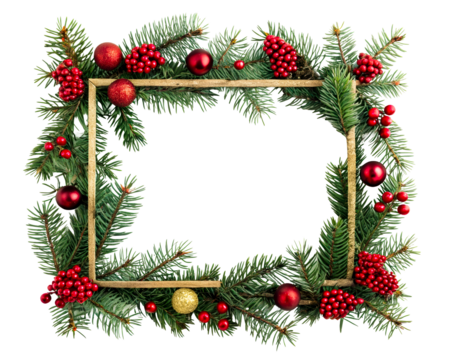 Festive Christmas wreath frame with pine branches and red baubles