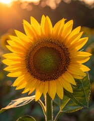 Obraz premium Close-up of a vibrant, yellow sunflower in full bloom, backlit by a golden sunset