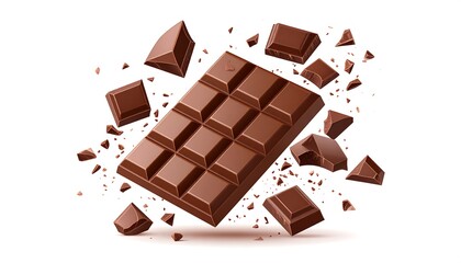 A vector illustration of a chocolate bar surrounded by broken pieces on a white background