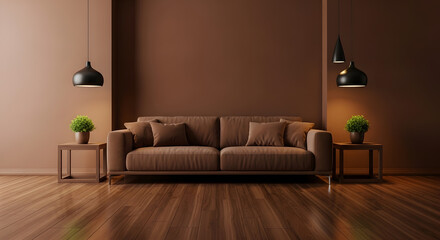 Brown living room with sofa, plants, and lamps in monochrome style