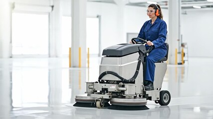 A female worker operates a ride-on floor scrubbing machine in a large warehouse. Janitor cleaning a shiny industrial floor. Commercial maintenance and sanitation service - Powered by Adobe