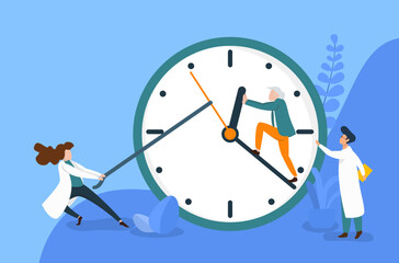 longevity concept: old lady and doctors trying to stop the clock