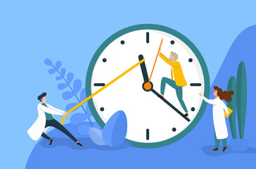 longevity concept: old man and doctors trying to stop the clock