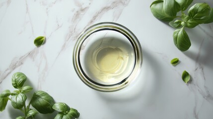 Closeup of a transparent glass bowl filled with golden avocado oil on a white marble surface, surrounded by fresh mint leaves, topdown view, natural and calming aesthetic